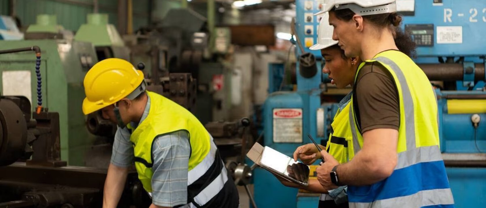 Un dirigeant échange avec son équipe sur un site industriel